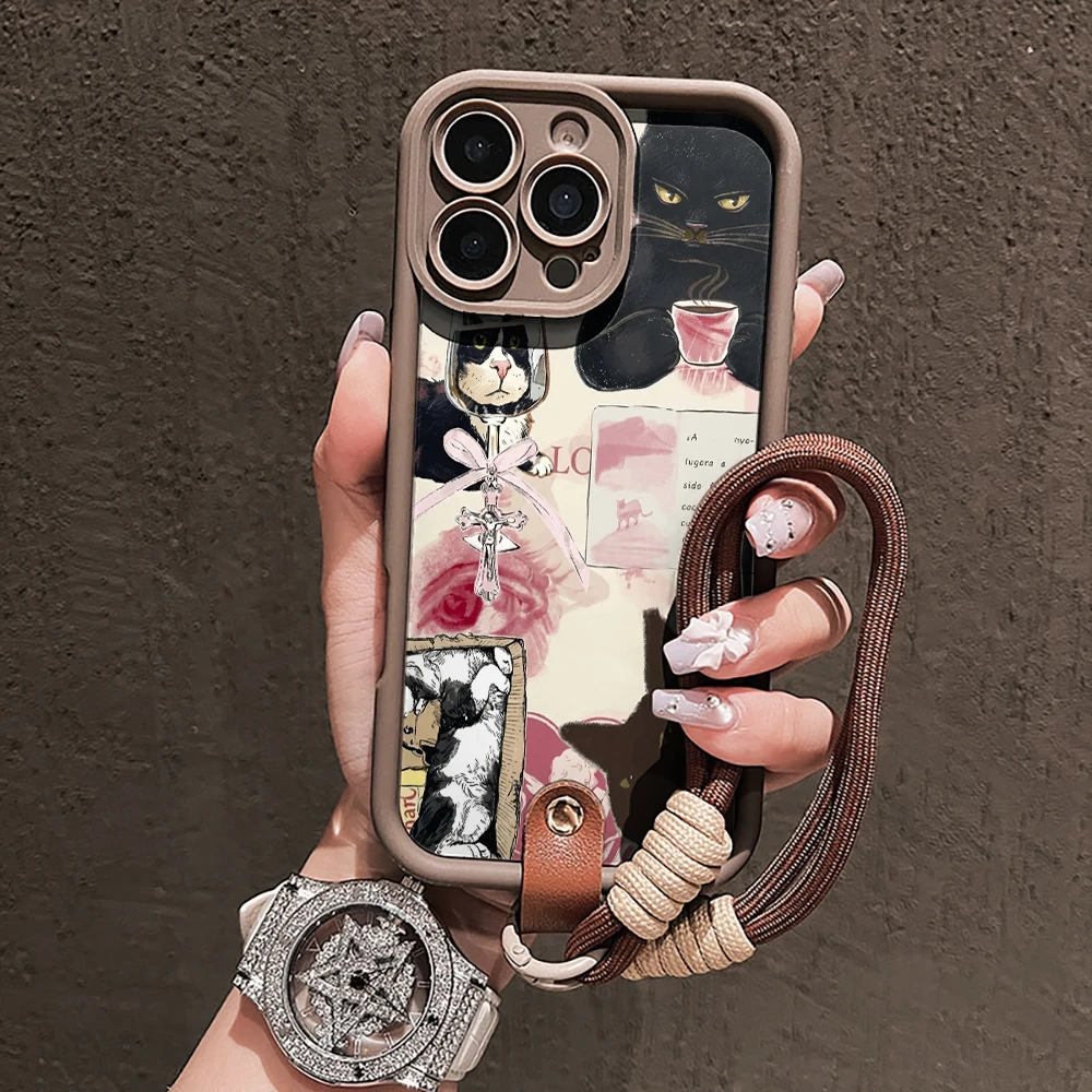 Retro-Katzen-Collage-Silikon-Handyhülle für iPhone 17 16 17 Pro 15 14 13 12 11 Pro Max 16E 7 8 Plus XR XS mit Lanyard, niedliche Hülle – Detail 2