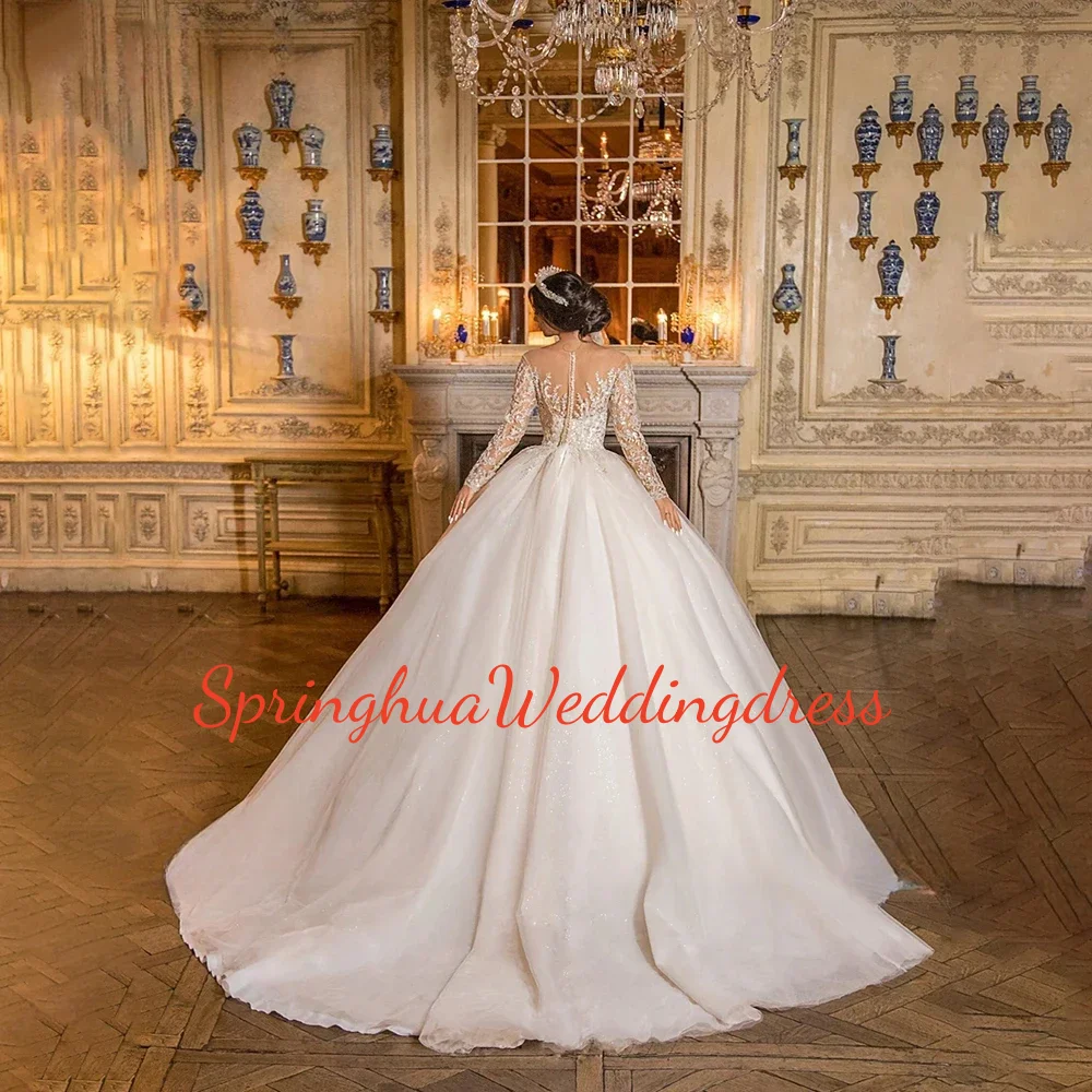 맞춤형 고급 웨딩드레스 시스루 스쿱넥 레이스 비즈 아플리케 일루젼 롱 슬리브 신부 드레스 베스티도스 데 노이바