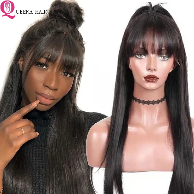 

Cheap Straight Lace Front Human Hair Wigs With Bangs Fringe Raw Indian 360 Full Lace Frontal Wig Glueless Wigs On Sale Clearance