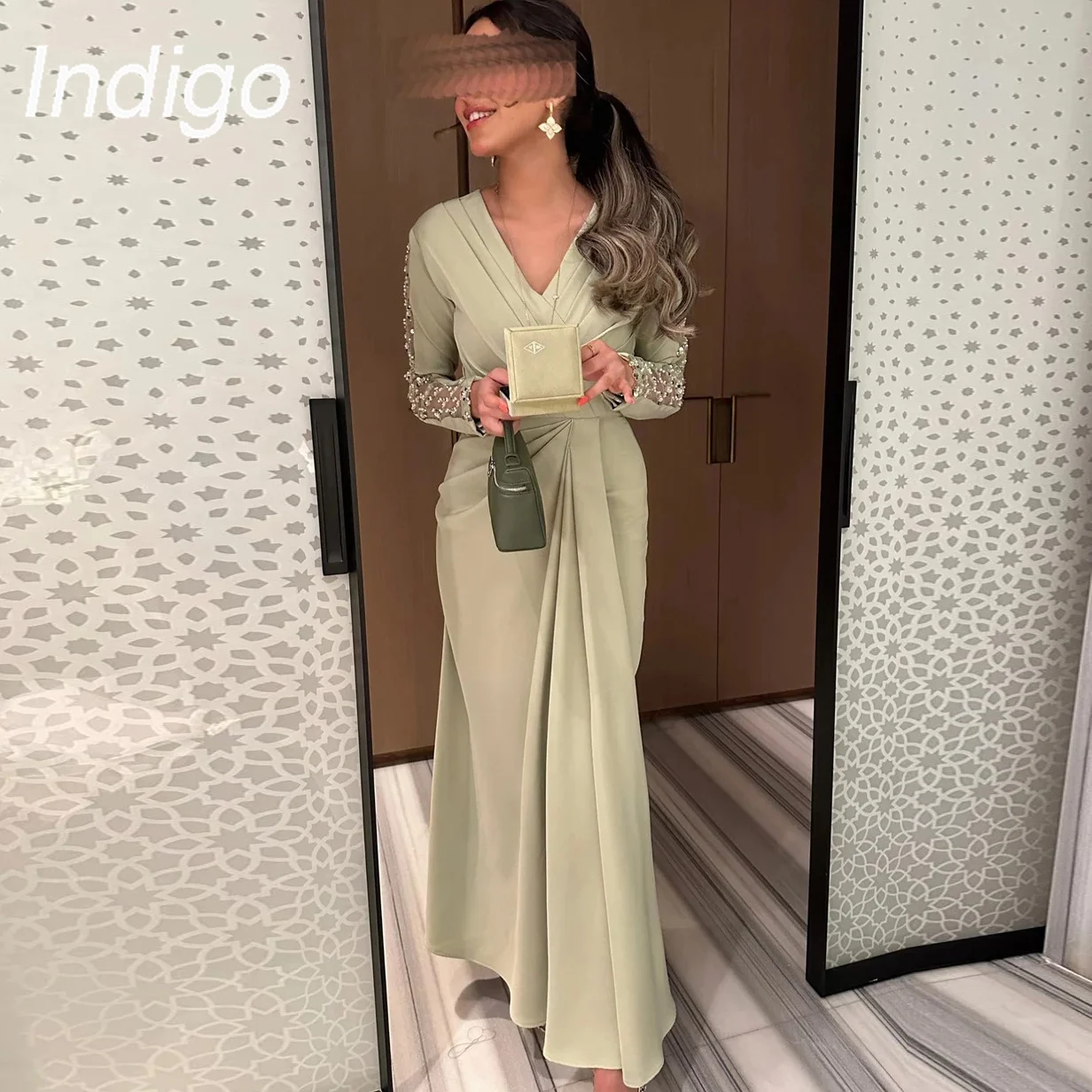 

Indigo Evening Dresses V Neck Beads Pleated Slit Formal Elegant Party Dress For Women 2024 soirée robe femme