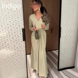 Indigo Evening Dresses 2025 V Neck Beads Pleated Slit Formal Elegant Party Dress For Women Soirée Robe Femme Customized