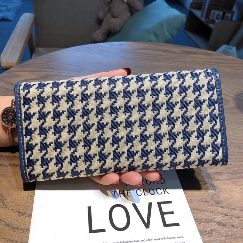 2023 Two-tone Long Wallet Women Genuine Leather Purse Houndstooth Embroidery Ladies Clutch Bags For Cell Phone Cards Cash Wallet