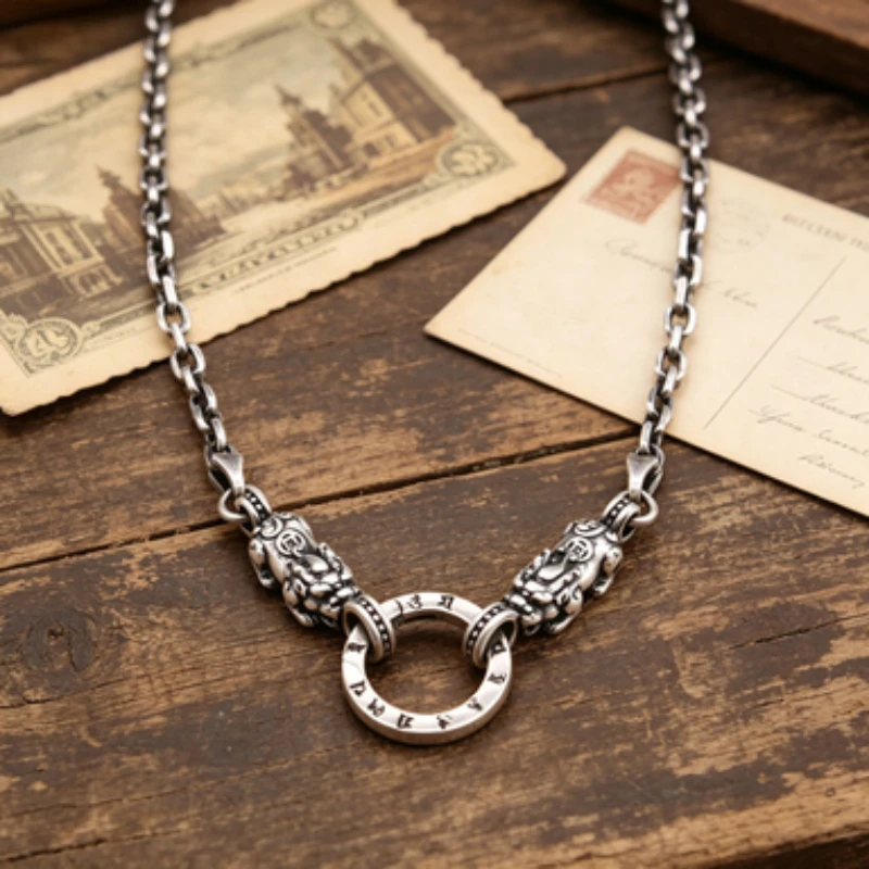Newly designed 100%S925 sterling silver hollowed-out necklace Fortune Lucky retro Hip Hop men Women fashion punk jewelry gift