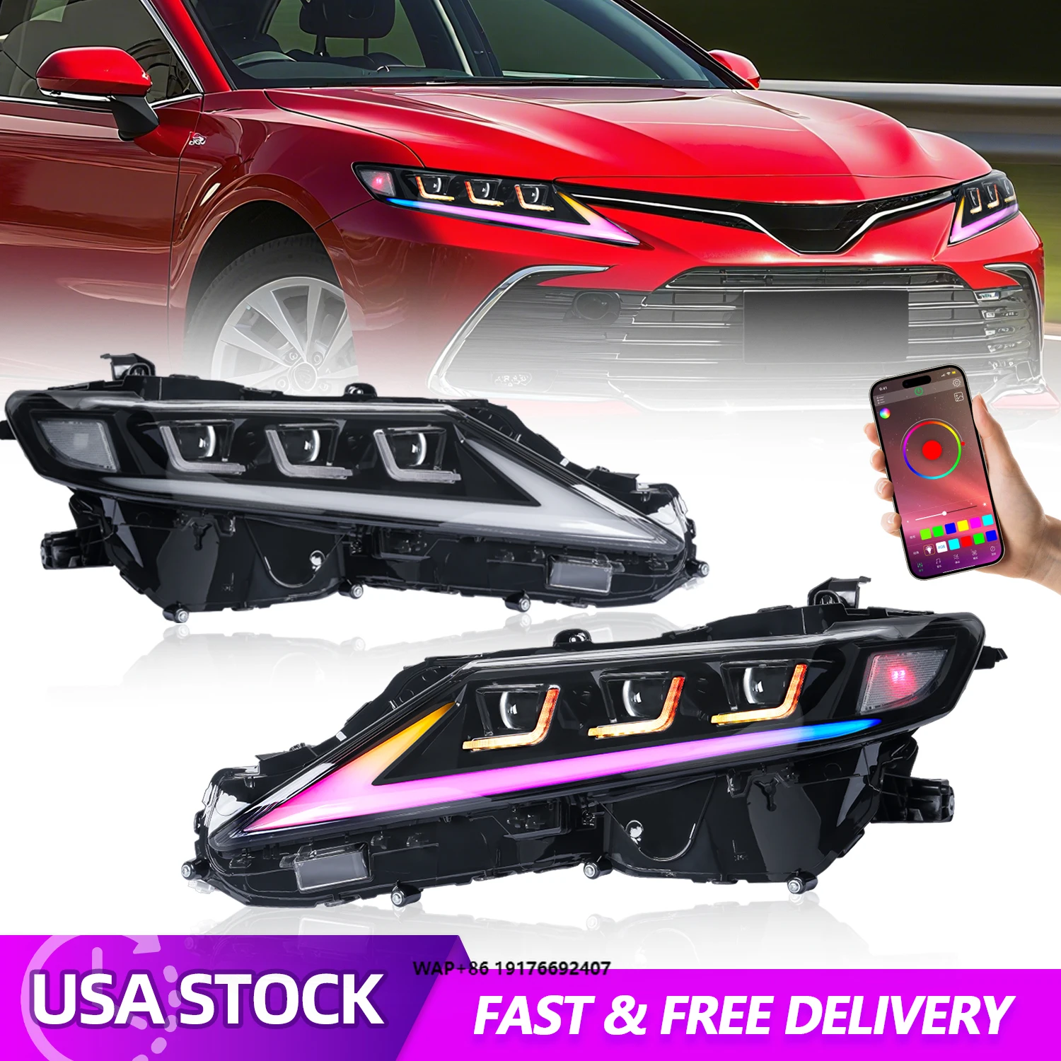 

Modified RGB Full LED Headlight for for 2018-2023 LE/SE/XLE/XSE/ Sequential Turn Signal 6000K Colorful Front Lamp