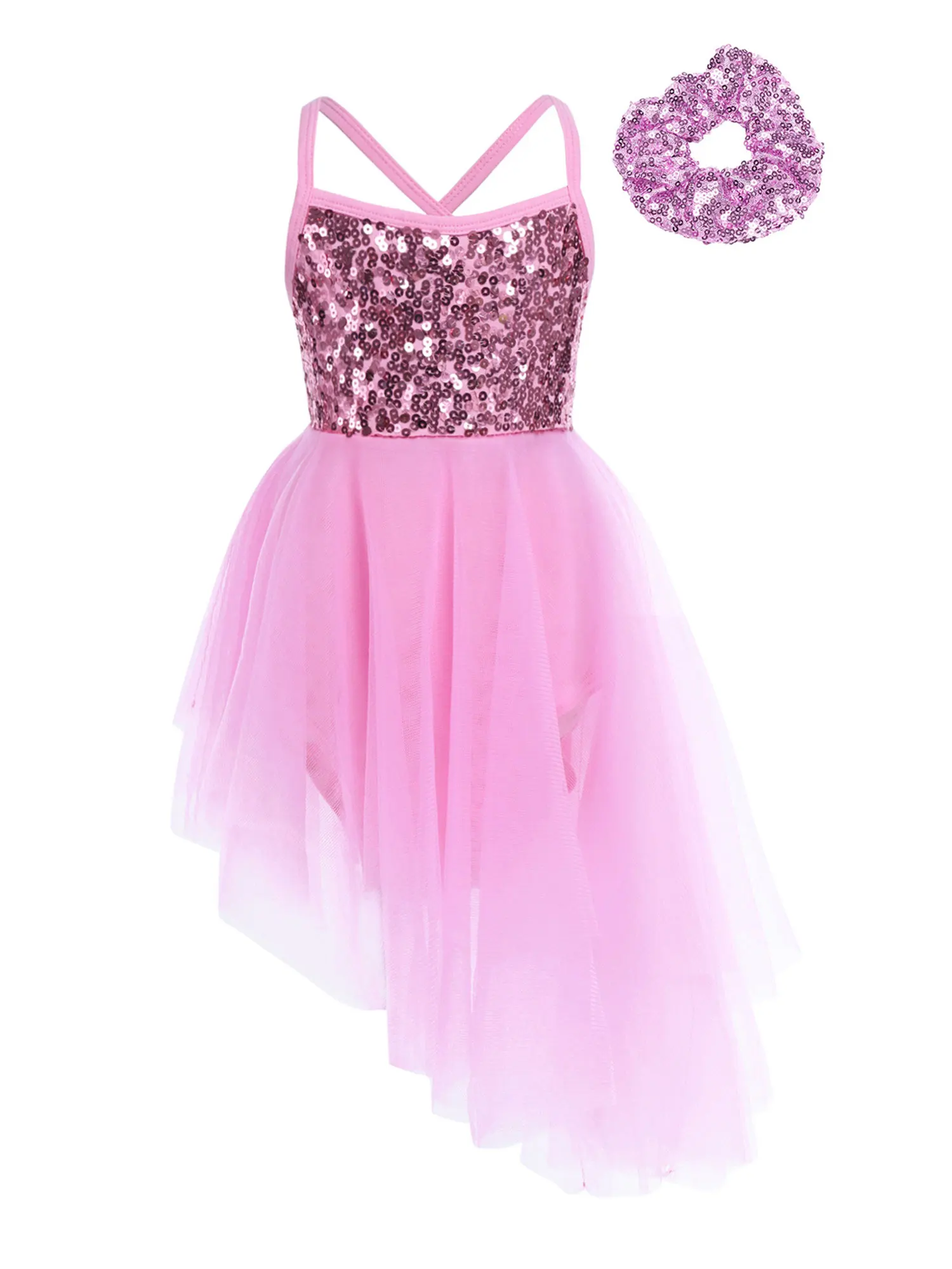 Bambini ragazze senza maniche paillettes Tulle danza classica ginnastica body vestito con cravatta per capelli copricapo