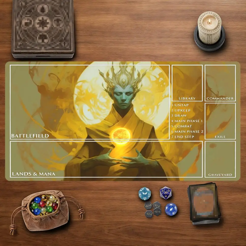 Golden Sun Mystic Sage TCG Playmat 35X60CM Divine Light Alien Monk Magic Card Battle Mat Non-Slip Durable Stitched Edge Playmat