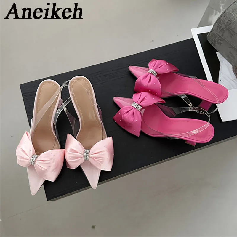 AneikehWomen\'s Crystal Silk Butterfly Knot Decorative Single Shoe 2024 Transparent PVC Pointed SlingbacksHigh HeelsWedding Dress