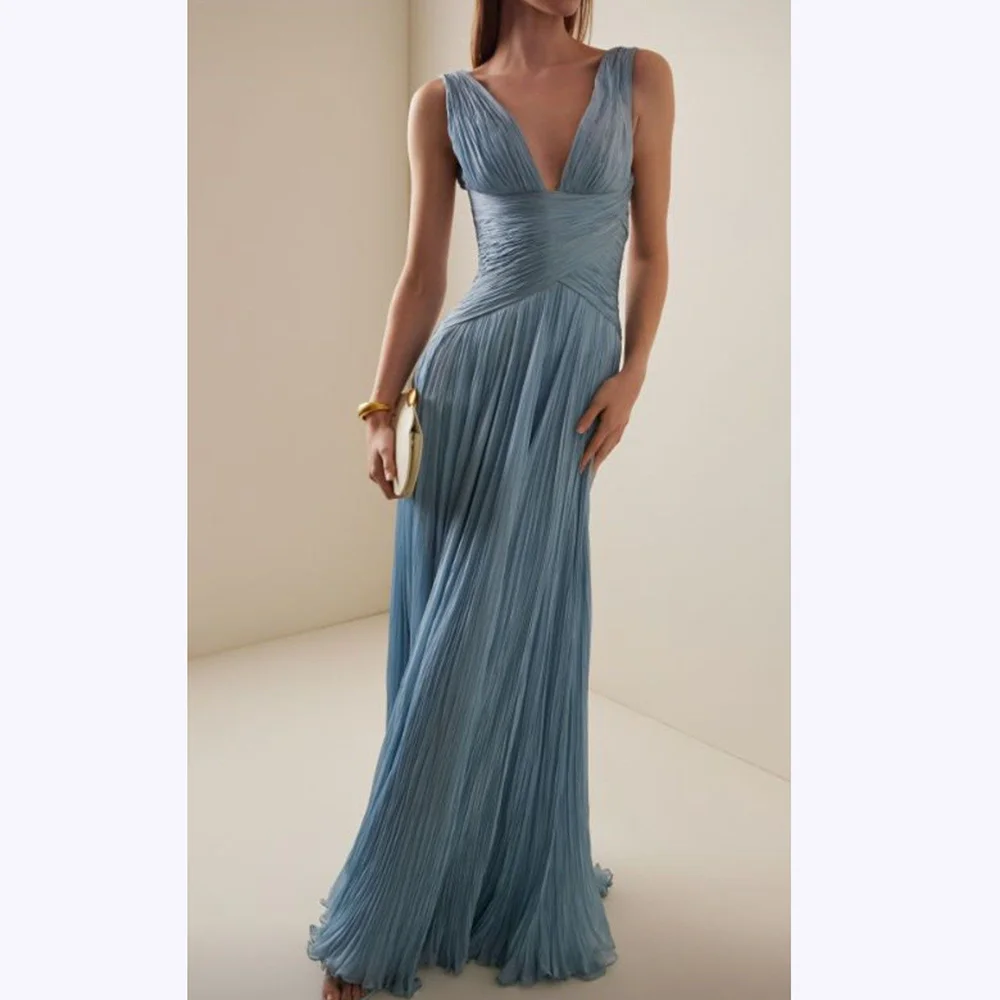 

Blue Chiffon Evening Dresses Women Elegant V Neck Sleeveless Ruffle A Line Simple High Quality Cocktail Party Gowns Customized