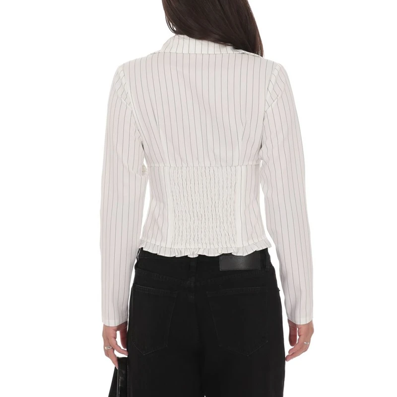 Combhasaki femmes Y2k élégant à manches longues à fines rayures chemisier à volants ourlet boutonné revers col smocké mince rayure chemise courte haut