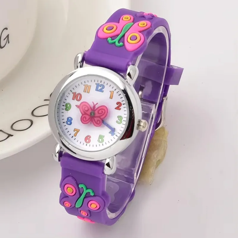 Montre-bracelet en caoutchouc à quartz pour enfants, papillon de dessin animé 3D, montres à comparateur de couleur, horloge mignonne, cadeau pour garçons, étudiants, filles, nouveau design