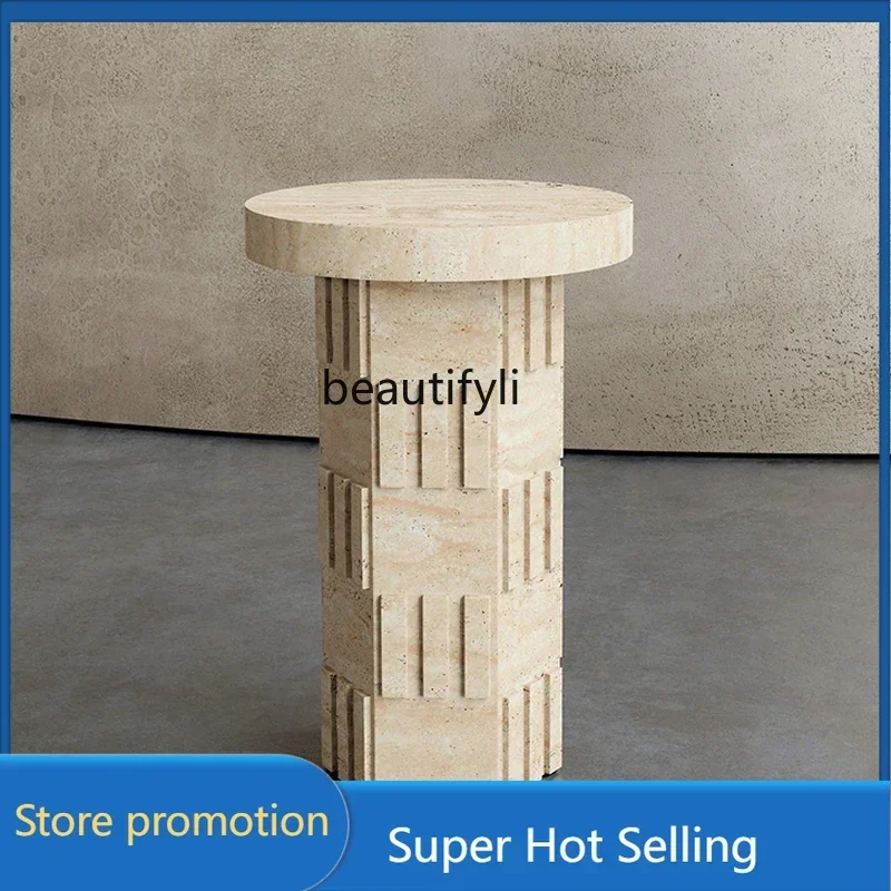 PPP K2344 Beige natural travertine edge few B & B living room household marble round flower stand small coffee table