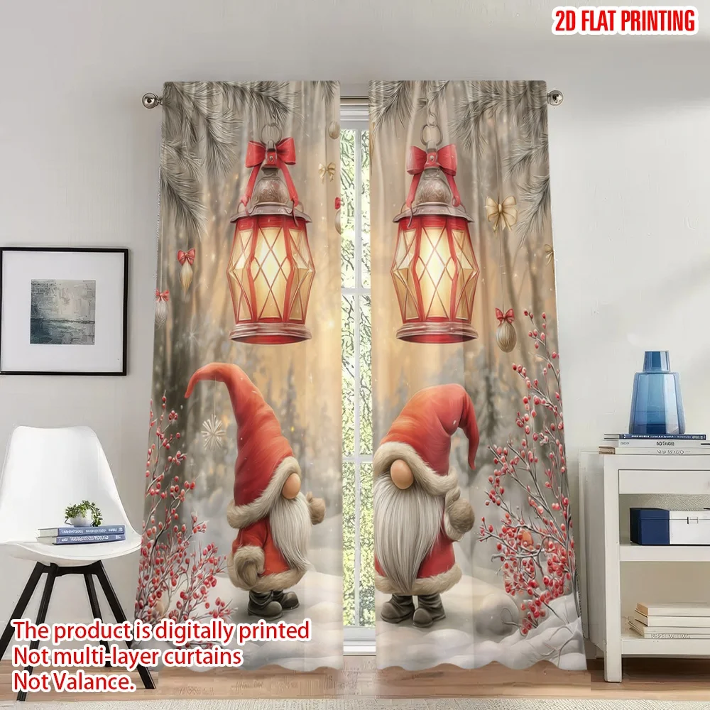 2pcs 2D flat printing Happy Christmas Scene Curtains Christmas Gnomes Winter Forest Digital Printed Polyester Drapes Holiday
