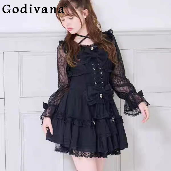 

Japanese Liz Lolita Large Size Long-sleeved Dress Mine Mass-produced Sweet Elegant Clothes Cute Bow Lace Splicing Princess Dress