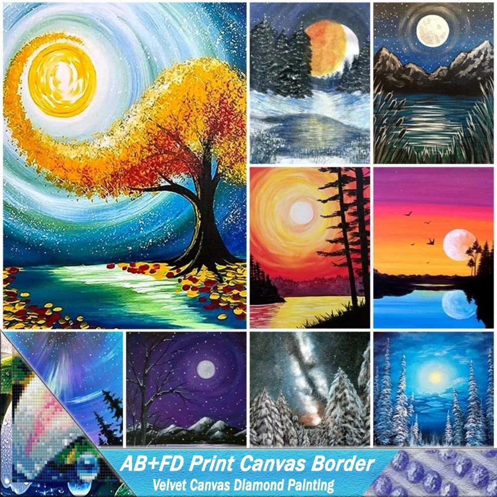 

AB+FD Print Canvas Border Diamond Painting Scenery Night Moon Embroidery Sale Diamond Full Mosaic Cross Stitch Kit Home Decor