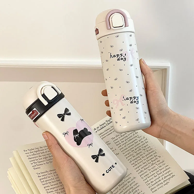 Black Pink Thermos Bottle Coffee Cup Stainless Steel Tumbler Bow  Knot Korean Travel Insulated Flask Thermal Water Bottle 500ml