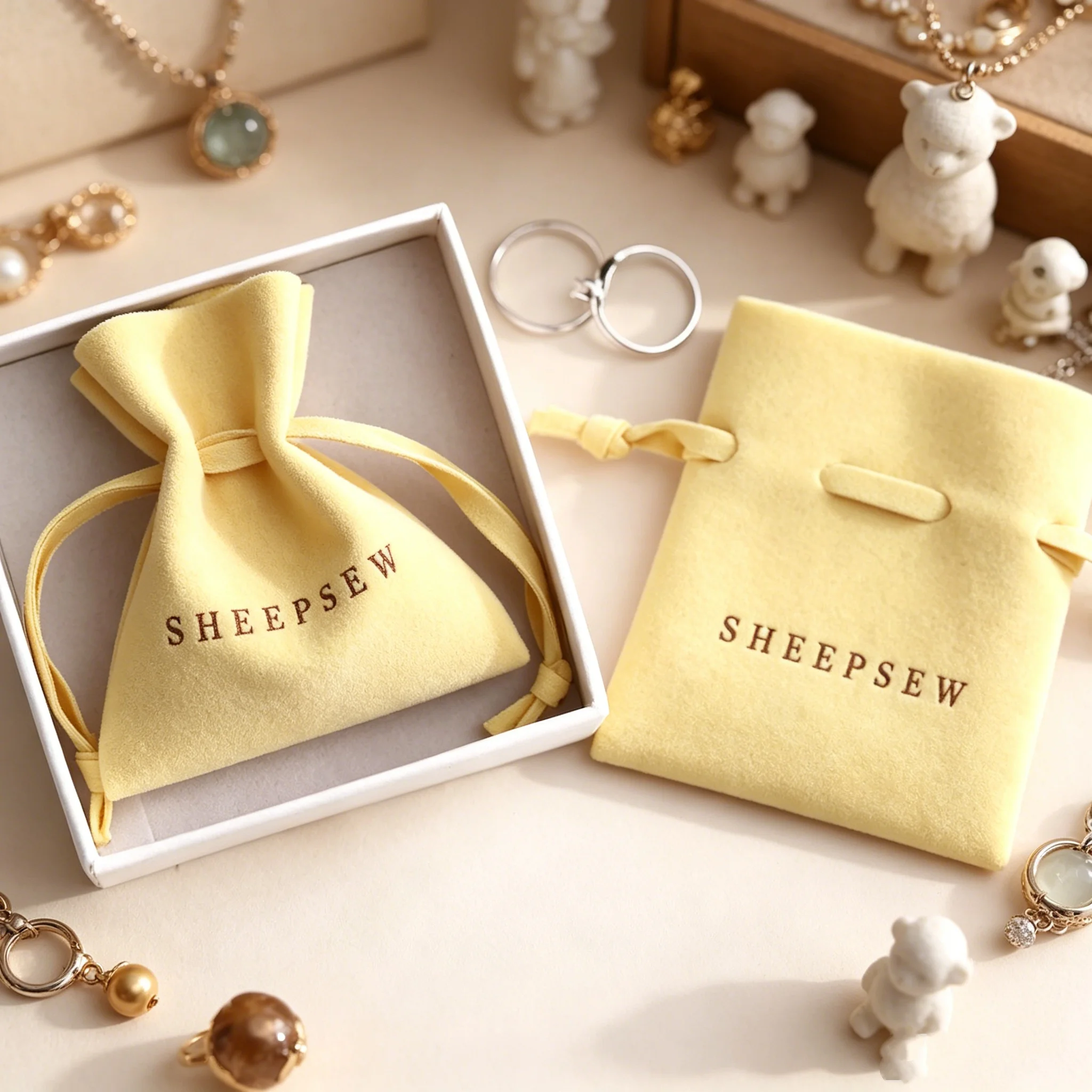 

SHEEPSEW Luxury Small Suede Microfiber Jewelry Necklace Gift Packaging Pouch Bag with Custom Logo