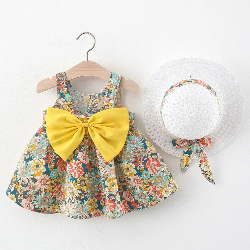 New Fashion Girls Baby Flower Vestidos Children's Casual Summer Clothes Toddler Cute Bow Dress With Hat Princess Party Costumes