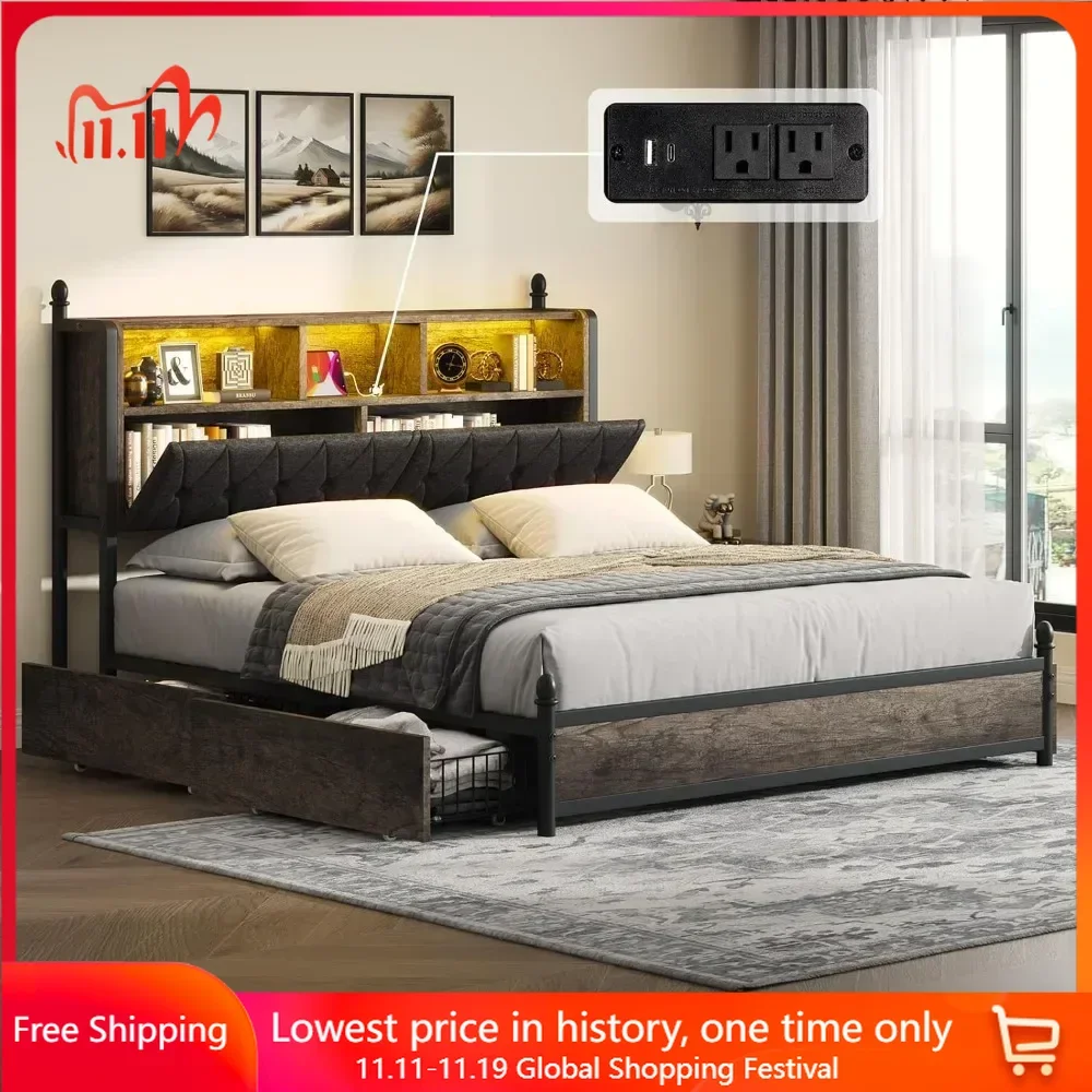 

King Bed Frame with 2-Tier Storage Headboard and 4 Storage Drawers，Hidden Areas and Charging Station，Metal LED Bed Frame