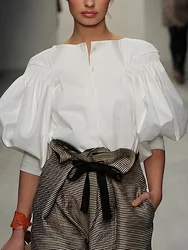 Modigirl Summer Fashion Black White Puff Sleeves Blouses Shirts 2025 New Sample Daily Womens Elegant Casual Shirts Tops