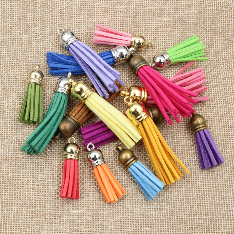 10 sztuk 38mm 55mm długość Suede Tassel dla brelok telefon pasy biżuteria Charms, skórzane frędzle z posrebrzane złote czapki