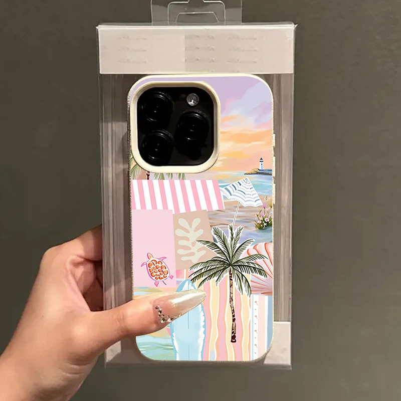 Simple Summer Palm Tree Pattern Lychee Texture Phone Case For iPhone 17 Pro Max 11 12 13 14 15 16 Pro 15 Plus 17 Air Soft Cover view 2