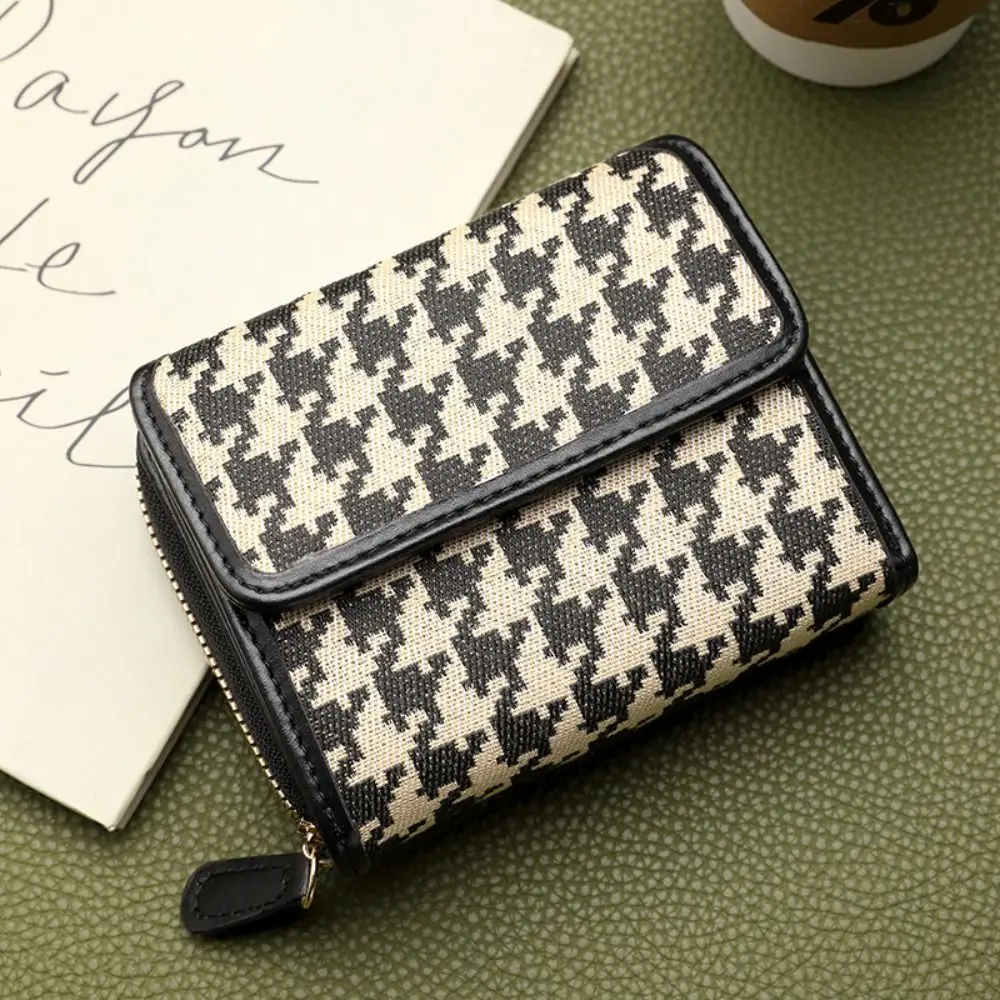 

Casual Korean Style Women's Wallet Short Clutch Card Holder Houndstooth Zipper Purse PU Check Card Holder Women