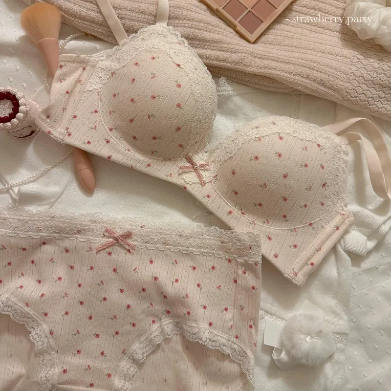 Teenage Sexy Lace Floral Bra Set Comfortable Non-steel Ring Beauty Back Small Breasts Gathered up Su