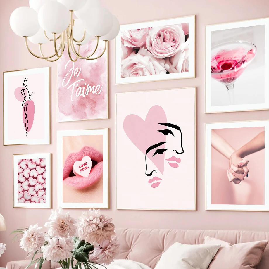 Abstrakte Linien, Mädchen-Gesicht, rosa Lippen, Rose, Wandkunst, Leinwandgemälde, nordische Poster und Drucke, Bilder für Wohnzimmer, Heimdekoration