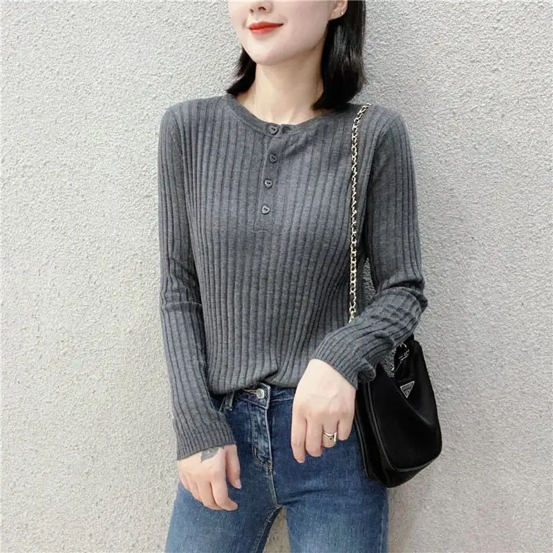 Early Autumn New Round Neck Long Sleeve Fine Knitted Sweater Korean Version Loose and Slimming Pit Strip Bottom Top Versatile