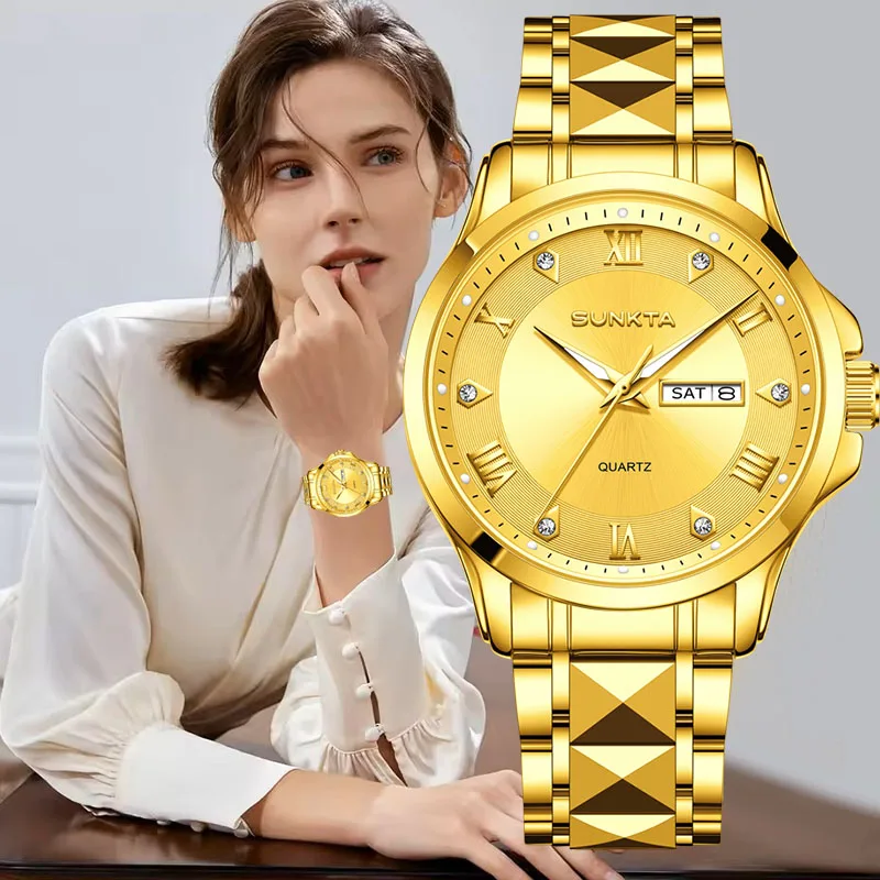 

SUNKTA Elegant Diamond Watch For Women Gold Stainless Steel Quartz Ladies Watch Waterproof Bracelet Watch Femme Relogio Feminino