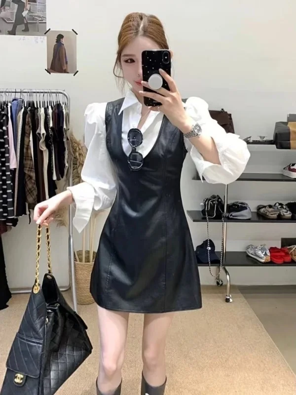 Koreański Zestaw: Bluzka typu Sle Bubble Sve, Kamizelka, Spódnica, Jesienna Nowość, Moda Damska, Wysoki Stan, Lekko Elastyczny Dwuczęściowy Komplet