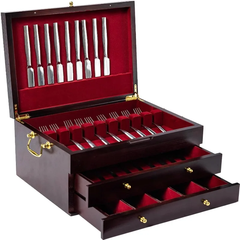 

Wooden Silverware Chest without Silverware Three-layer, Silverware Box Storage for Silver, Case with Handle and Felt US(Origin)