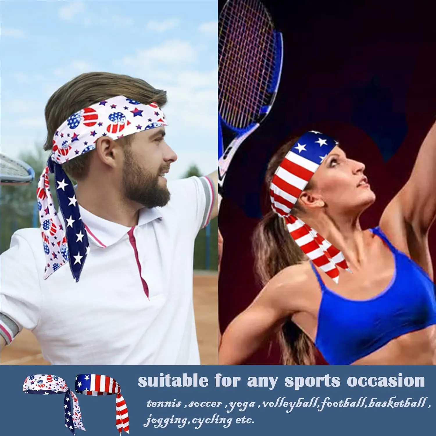 Patriotic Tie Headband American Flag Sports Bandana Head Wraps 4th Of July Head band USA Red White Blue Headband For Men Women