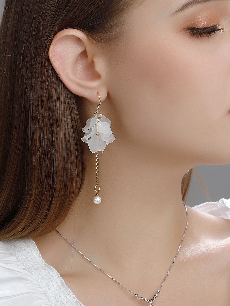 

Women's Elegant Flower Drop Earrings Long Tassel Silver Korean Style Clip On for No Pierced Ears Jewelry Accessories