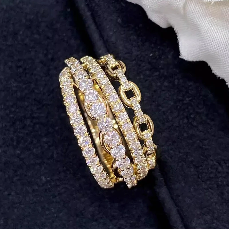 Huitan Fashion Multi Layered Design Ring Female Luxury Gold Color Wide Finger Jewelry with Bright Zirconia Chain Accessories