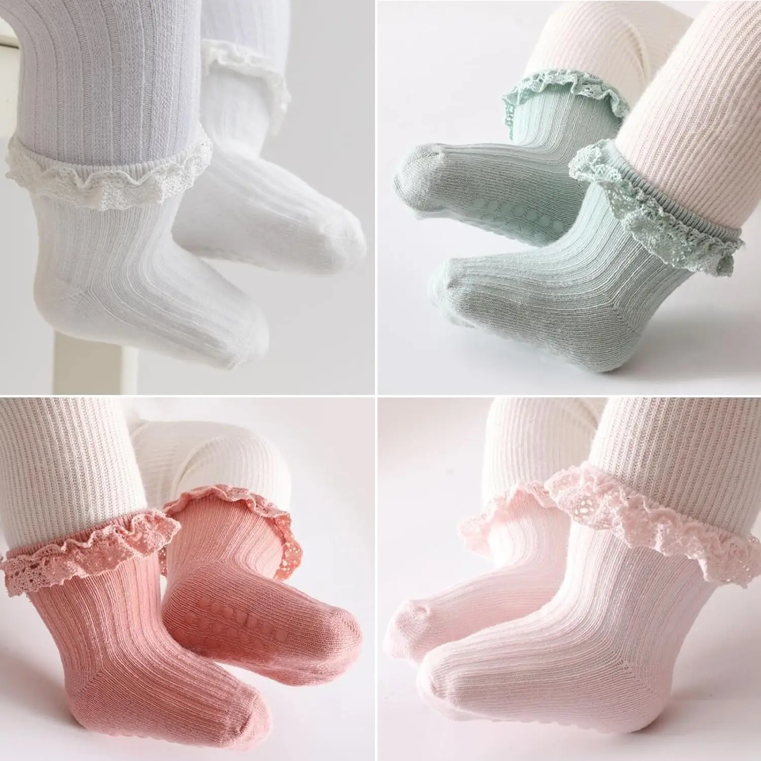 4 Pairs Princess Socks Set,Soft,Non-Slip Lace Ruffled & Plain Colors for Baby Toddlers 0-3 Years,Cute birthday Gift