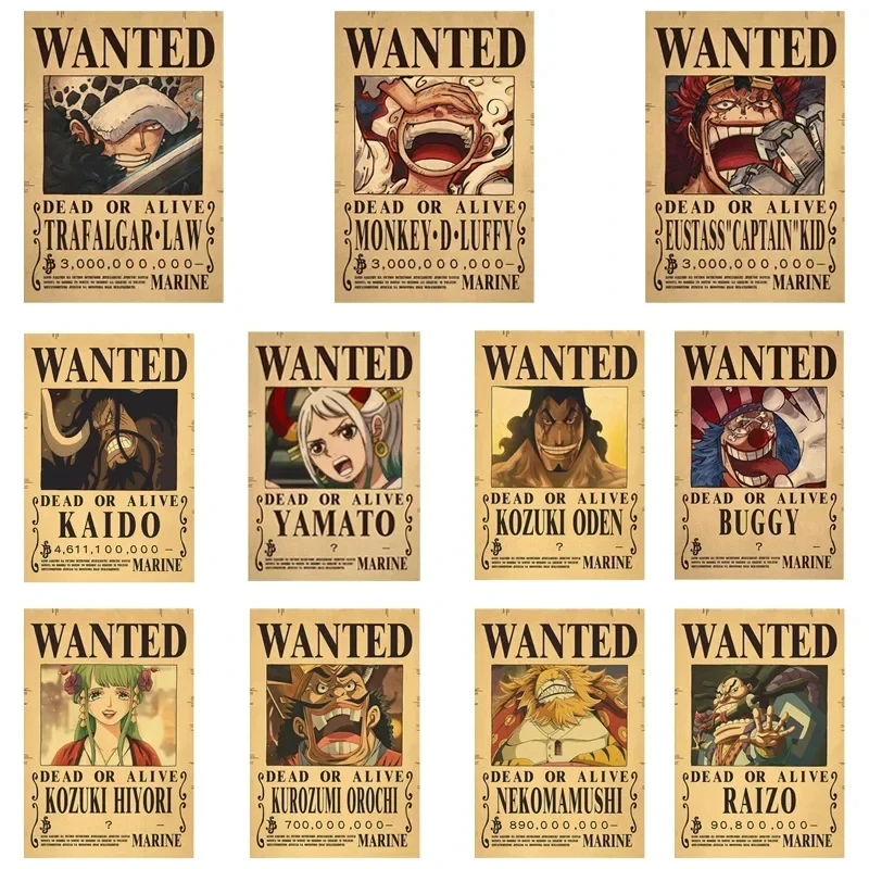 10pcs New Bounty One Piece Anime Figure Luffy Vintage Wanted Warrant Posters Children Room Wall Decoration Paintings Toys Gift