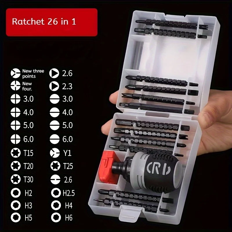 26-1 Adjustable Ratchet and Screwdriver Set with Magnetic Function and Multiple Blades, Adjustable Torque.Dual-head usage