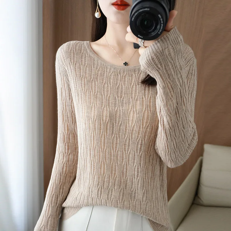 Autumn New Ladies Soft Breathable Sweater Wool Blend O-Neck Pullover Curved Hollow Out Knitted Sweater Slim-Fit Commuter Tops