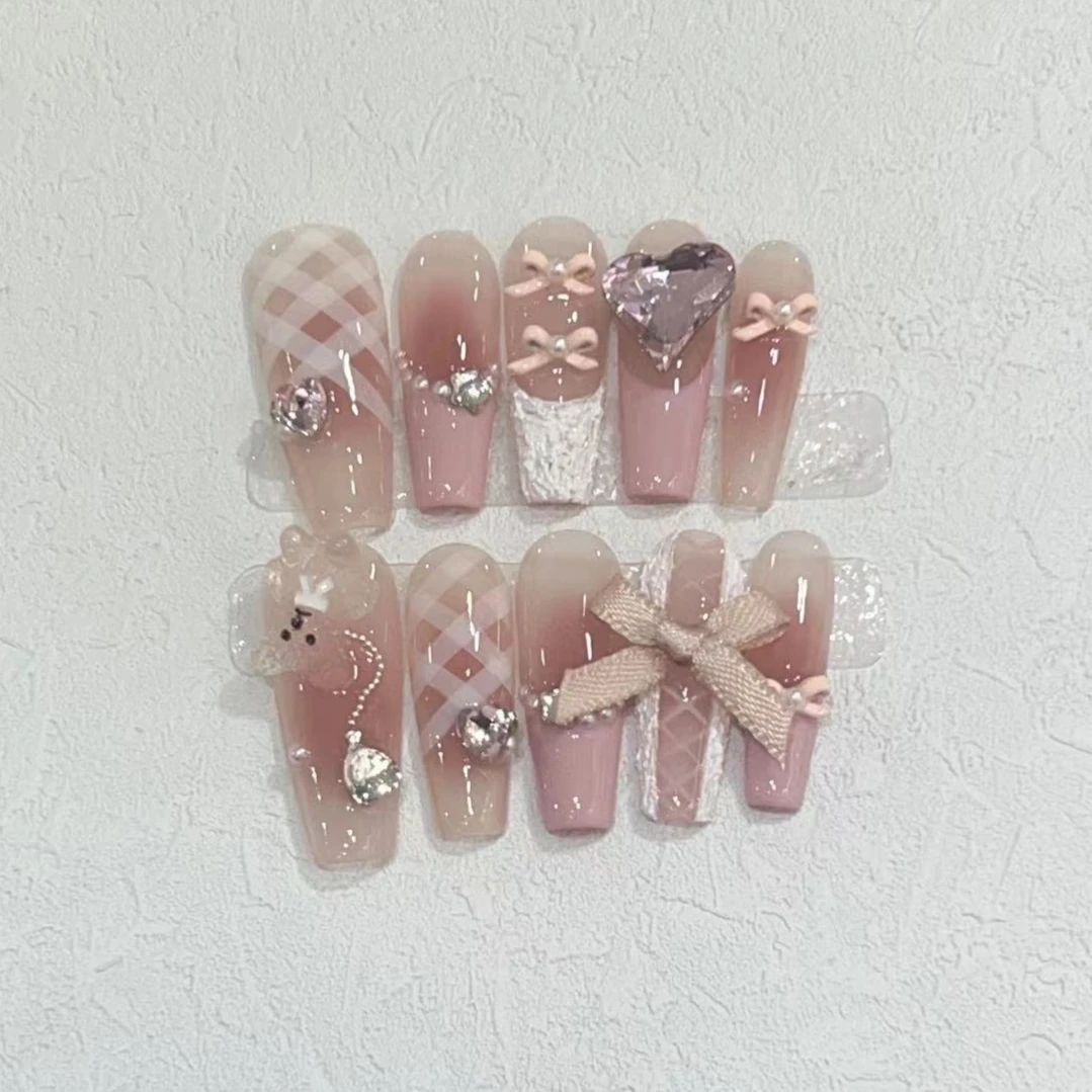 10 Uds. De ataúd largo hecho a mano, cubierta completa de uñas con diamantes de imitación de corazón 3D Y2k, uñas postizas de bailarina, puntas de manicura usables