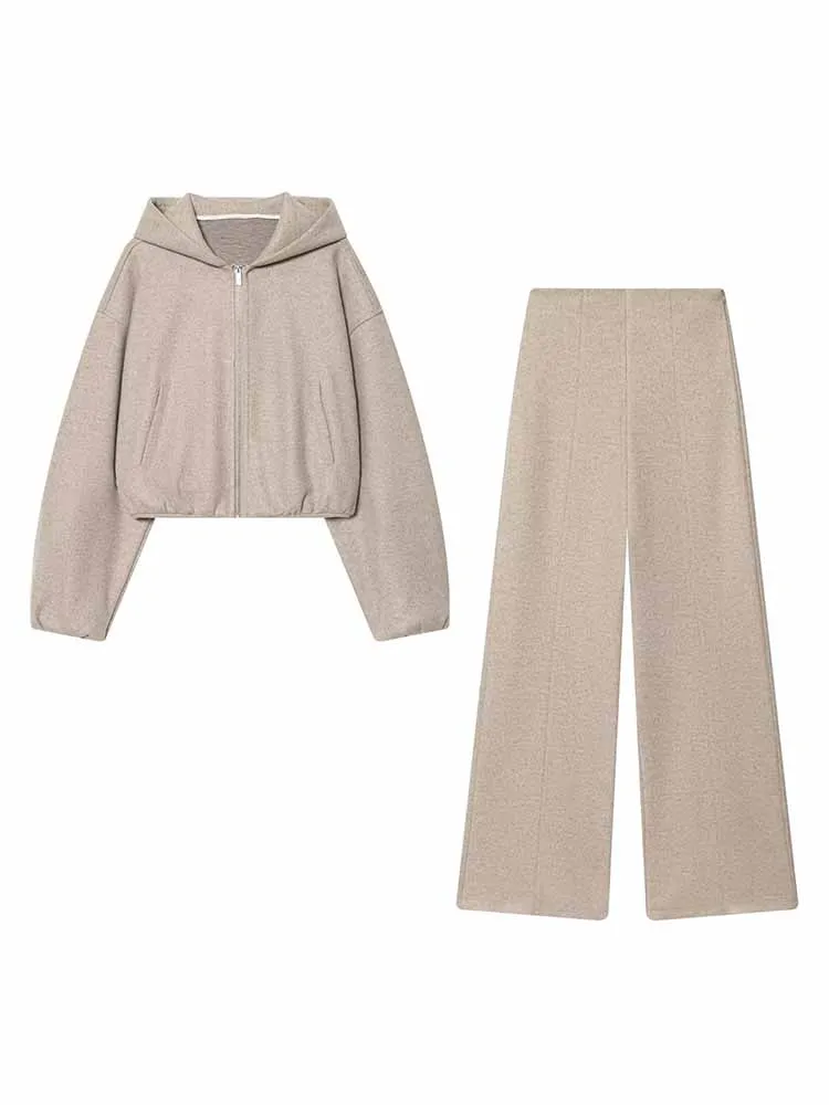 

Женский модный костюм: укороченная куртка с капюшоном и длинными рукавами + повседневные свободные брюки с высокой талией на молнии, однотонный комплект из 2 предметов