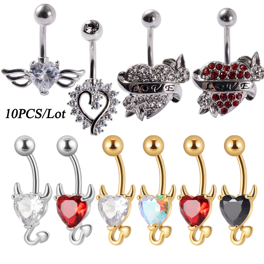 10PCS/Lot Devil Heart Navel Belly Button Rings Glitter Love CZ Zircon Stainless Steel Piercing Body Women Jewelry Wholesale