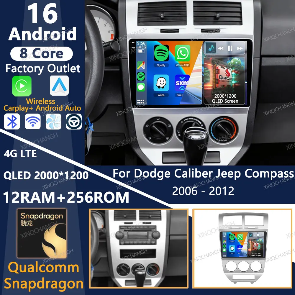 Radio para Auto Android 16 para Dodge Caliber, Jeep Compass 1 MK Patriot 2006-2010, Reproductor Multimedia de Video, Qualcomm QLED, Carplay Auto