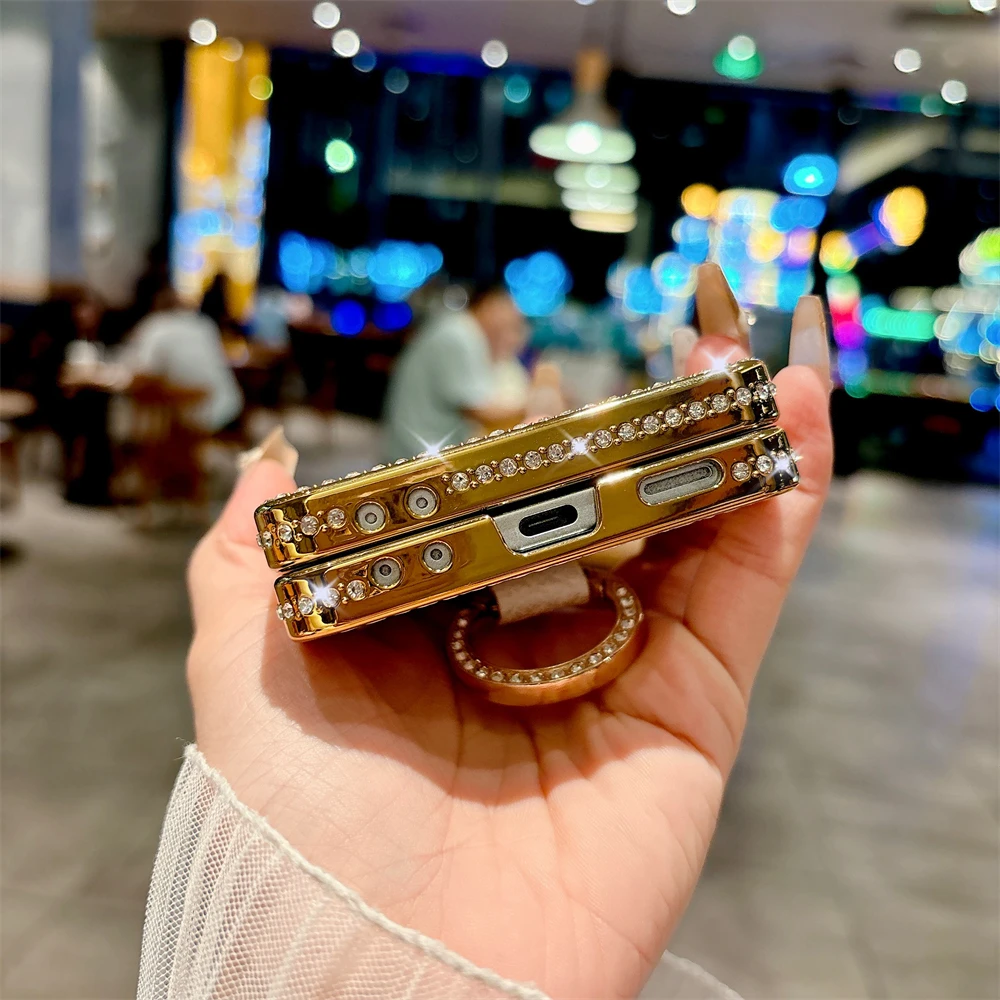 เคสหนัง PU ชุบลายหรูหรา พร้อมที่วางแหวน สำหรับ Samsung Galaxy Z Flip 7 6 Flip 5 Flip 4 Zflip 3 ประดับเพชร กันกระแทก