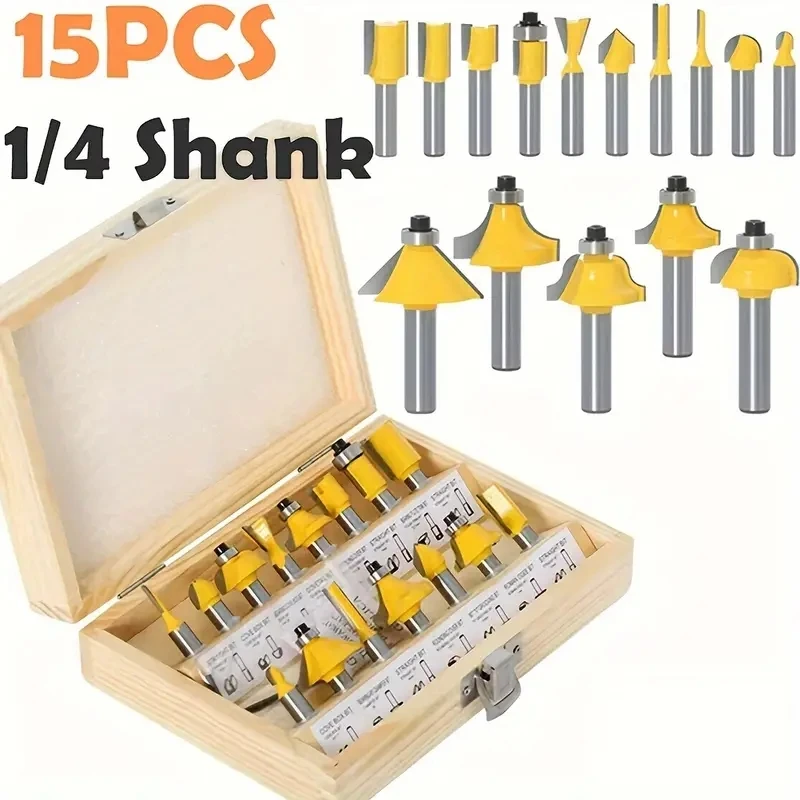 15pcs/Set Milling Cutter 1/4 Shank Wood Cutter Carbide Mill Woodworking Trimming Engraving Cutting Tools Carpentry Accessories