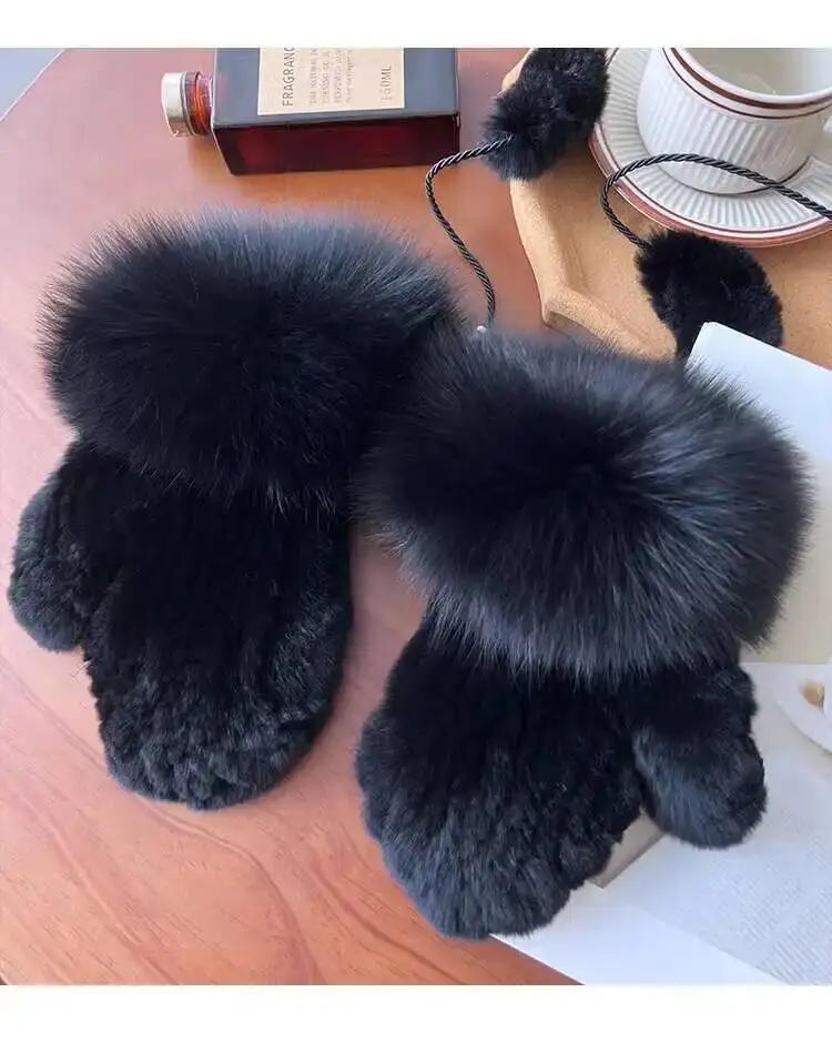 Real Rex Rabbit Fur Gloves For Women Winter Plush Thickened Warm Real Fur Gloves Handmade Knitted Fur Gloves Keep Warm Mittens