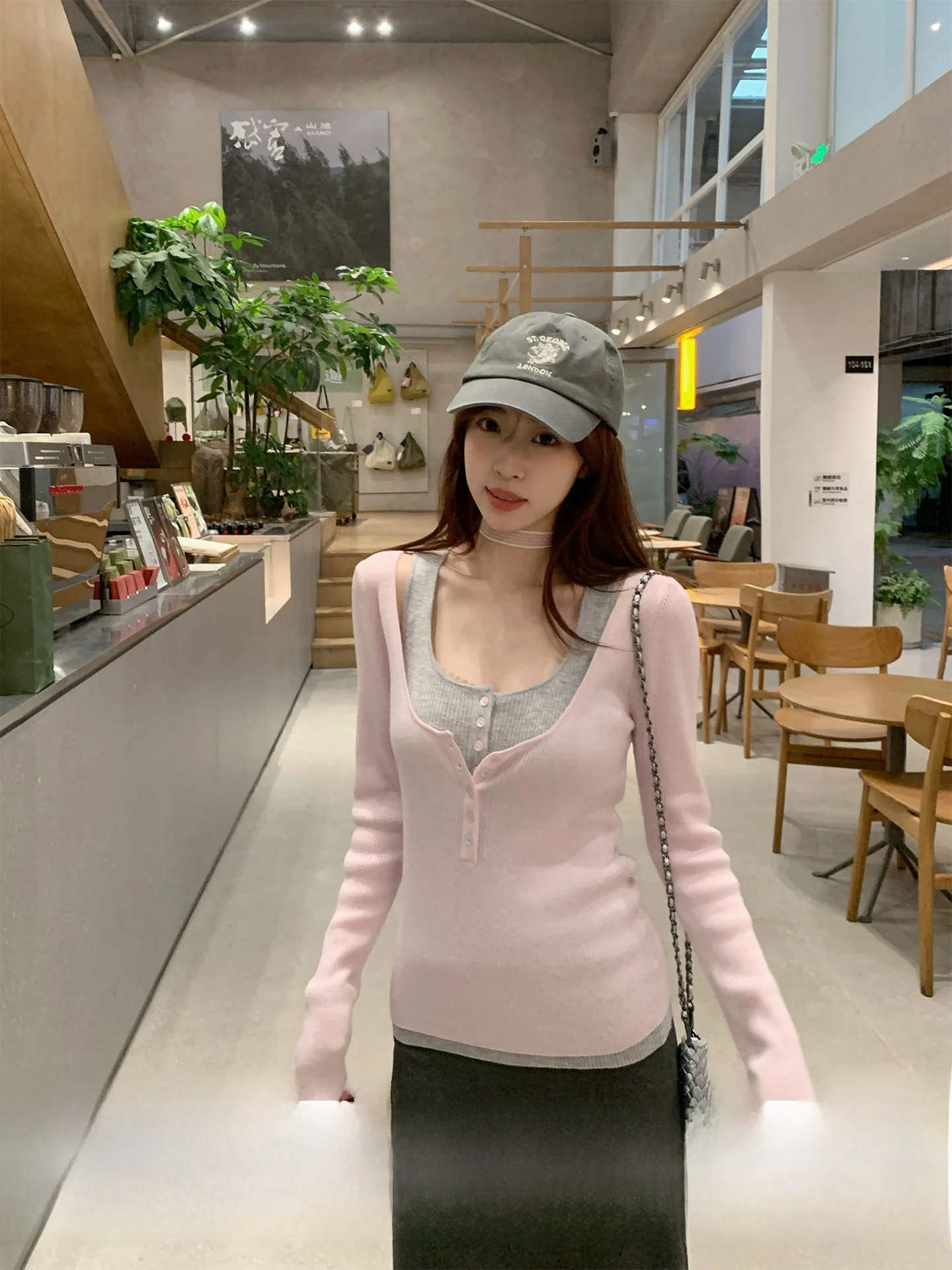 

Розовый вязаный топ Morning Bloom с длинными рукавами для женщин, базовый слой для ранней весны, облегающий, повседневный, с цветовыми блоками