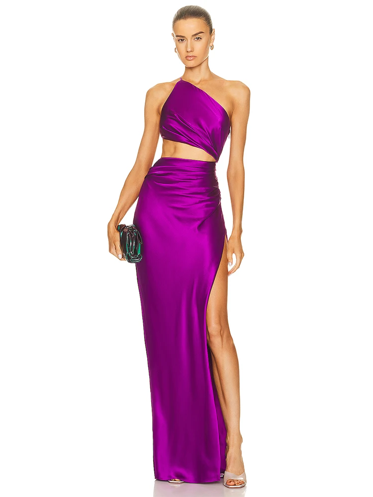 Women One-Shoulder Sleeveless Slit Long Dress Sexy Purple Slanted Neck High Split Slim Dress Summer Celebrity Party Club Dresses