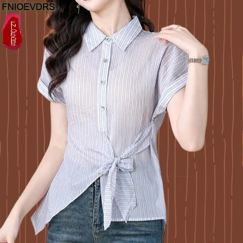 

Лидер продаж, женские топы с коротким рукавом, лето 2025 года, повседневные офисные элегантные полосатые топы с бантом пеппли, блузка, винтажные женские рубашки в стиле ретро