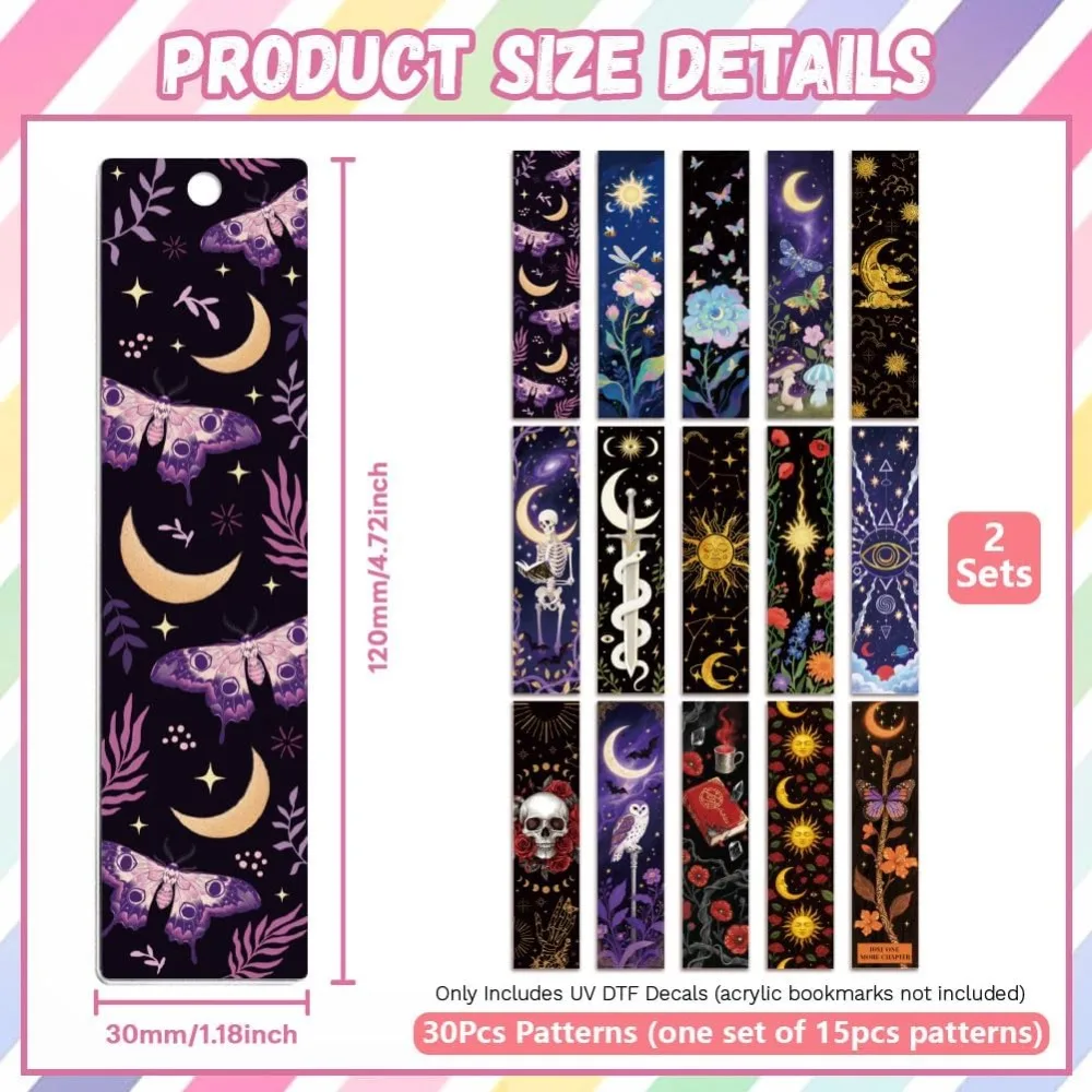 Peacoblue 30pcs UV DTF Bookmarks Transfer Stickers Wraps Occult Divination Elements for Women Men Reading Waterproof